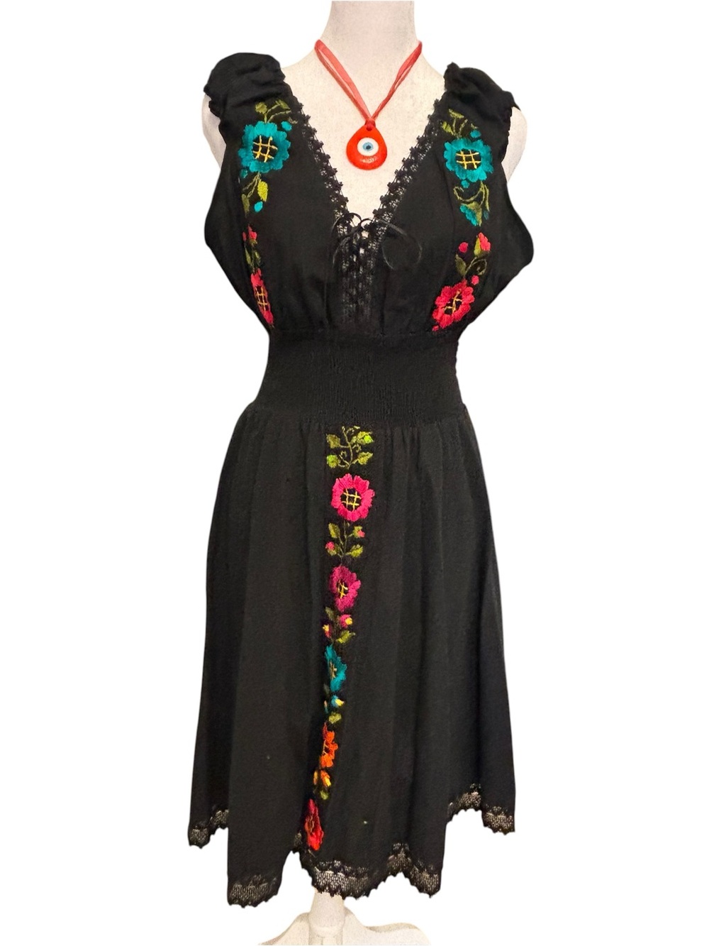 Black Embroidered Floral Mini Dress 🌸